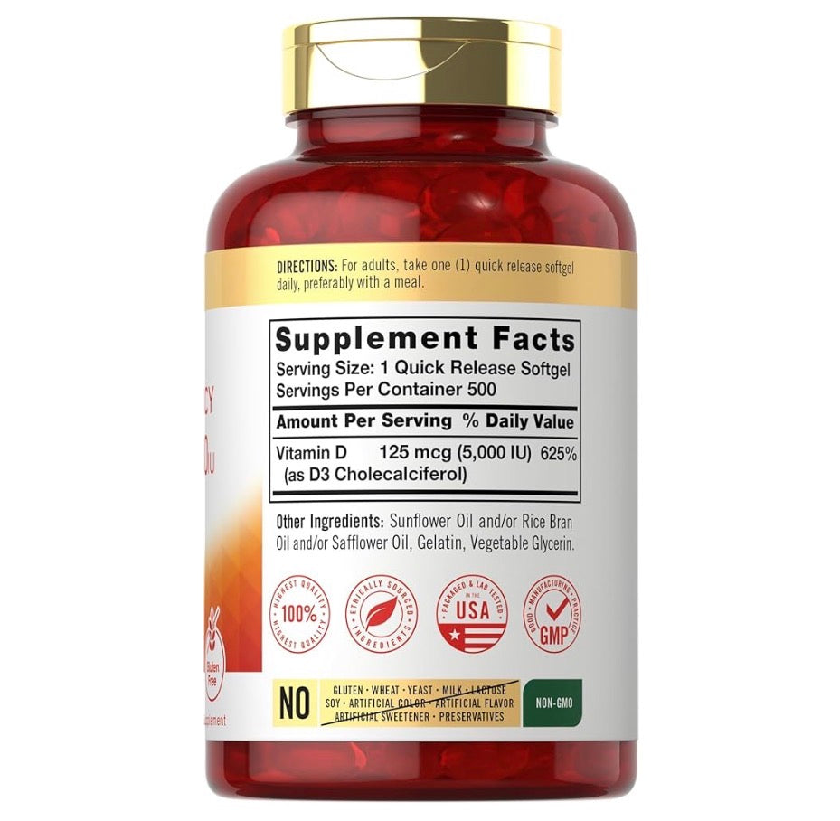 Vitamina D3 5,000 IU (125 mcg) – Carlyle  500 capsulas | Suplemento