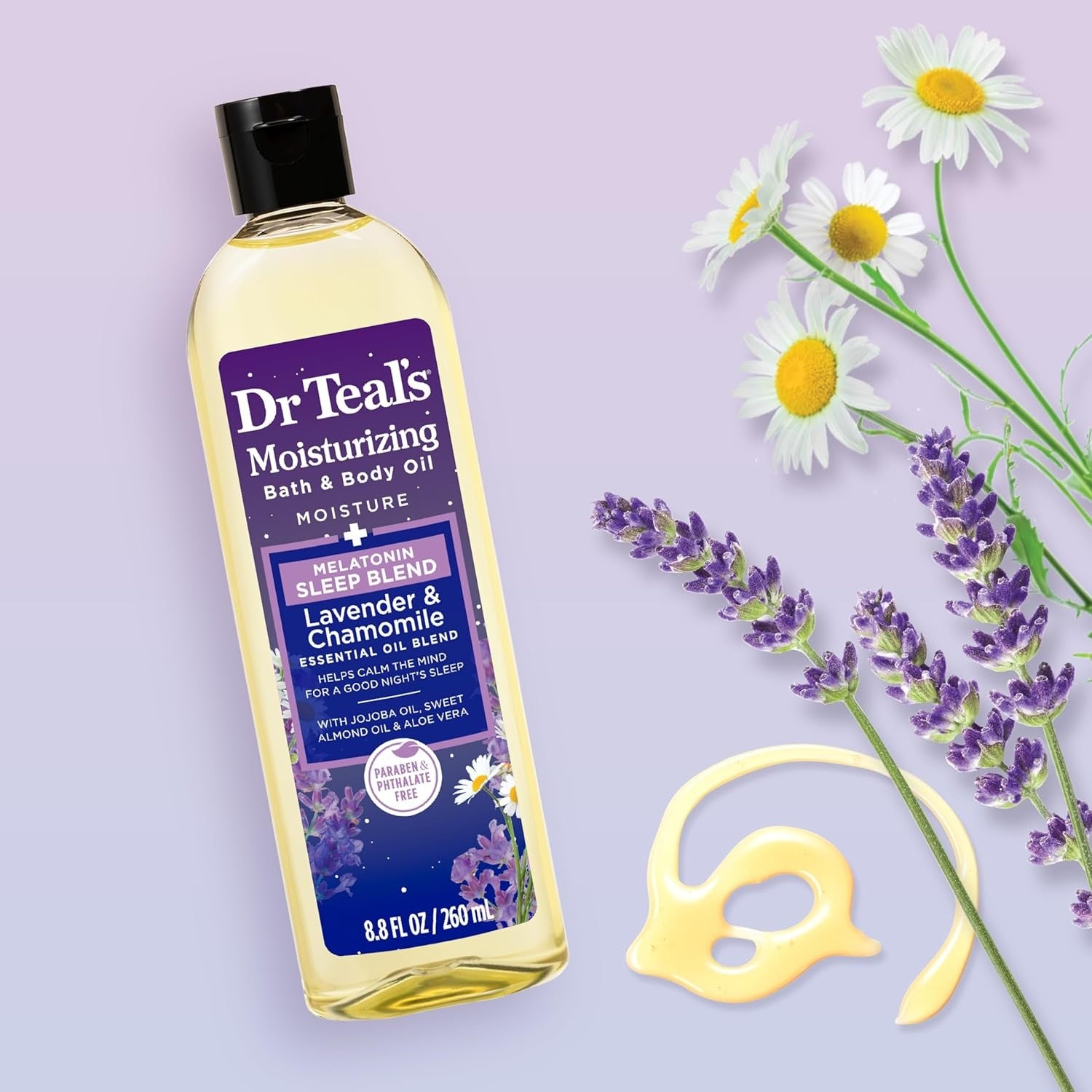 Dr Teals - Aceite Hidratante para Baño y Cuerpo Relajante con Melatonina, Lavanda y Manzanilla