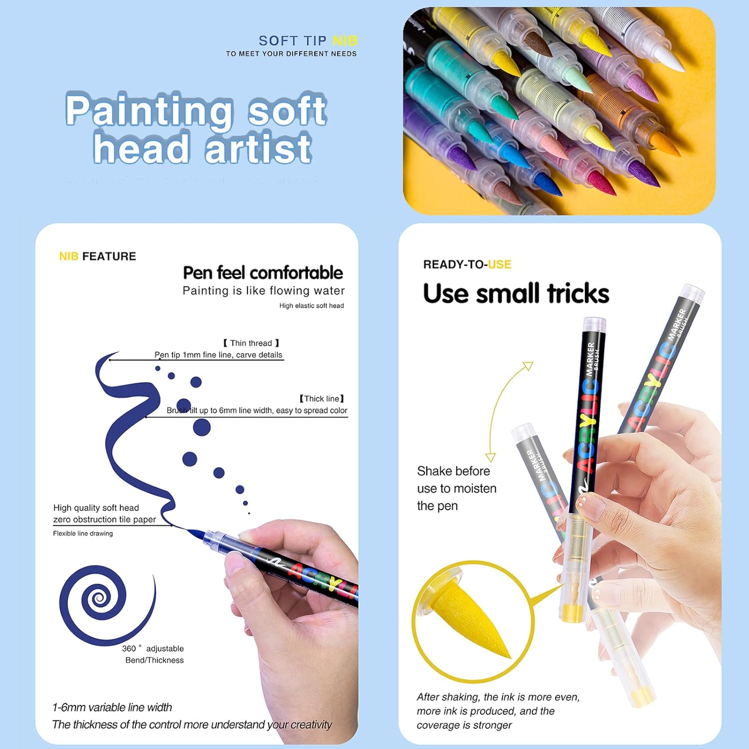 Set de 60 Marcadores Acrilicos Punta Pincel – Secado Rapido | Acrylic