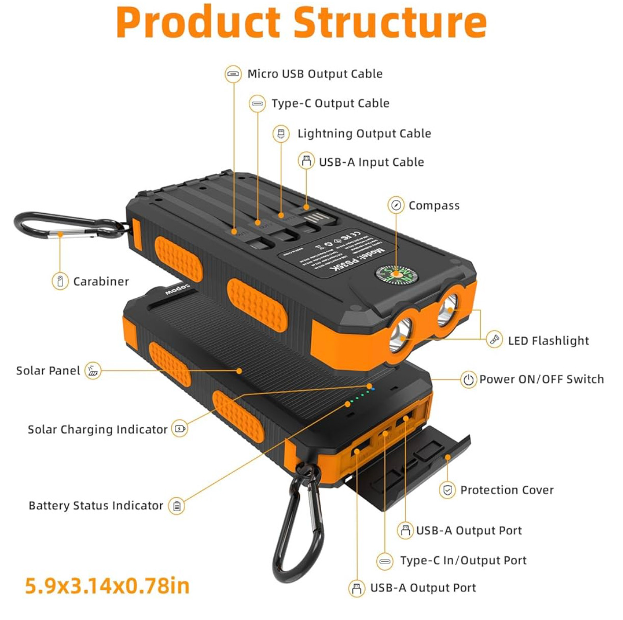 Banco de carga con panel solar - 20000 mAh