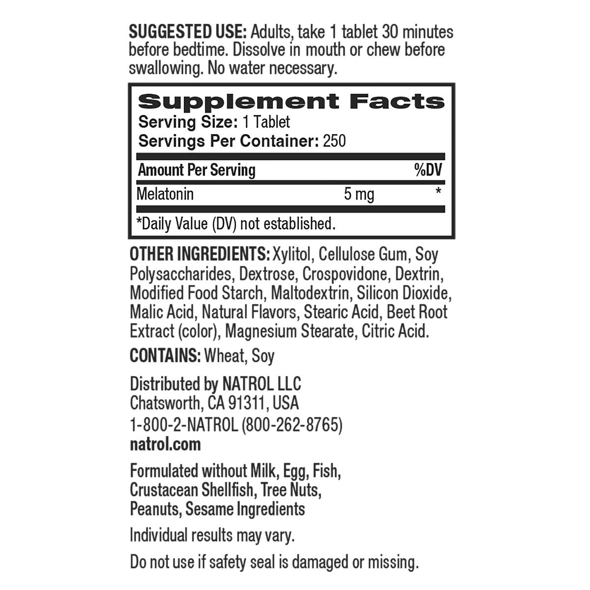 Melatonina 5 mg | Natrol | 250 tabletas de disolucion rapida / EUA