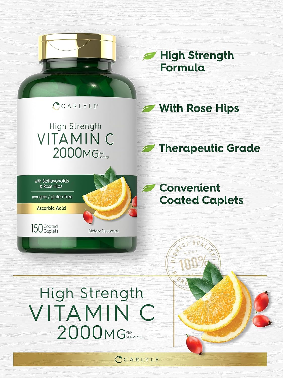Carlyle| Vitamina C 2000mg | Con Fruto de Rosal Silvestre | 150 Capsulas