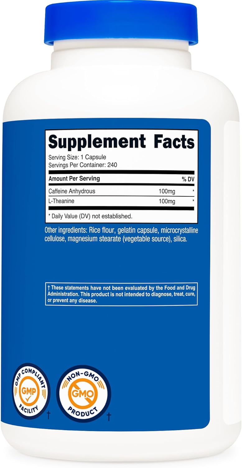 Cafeina con L-Teanina (100 mg c/u) | Nutricost | 240 Capsulas