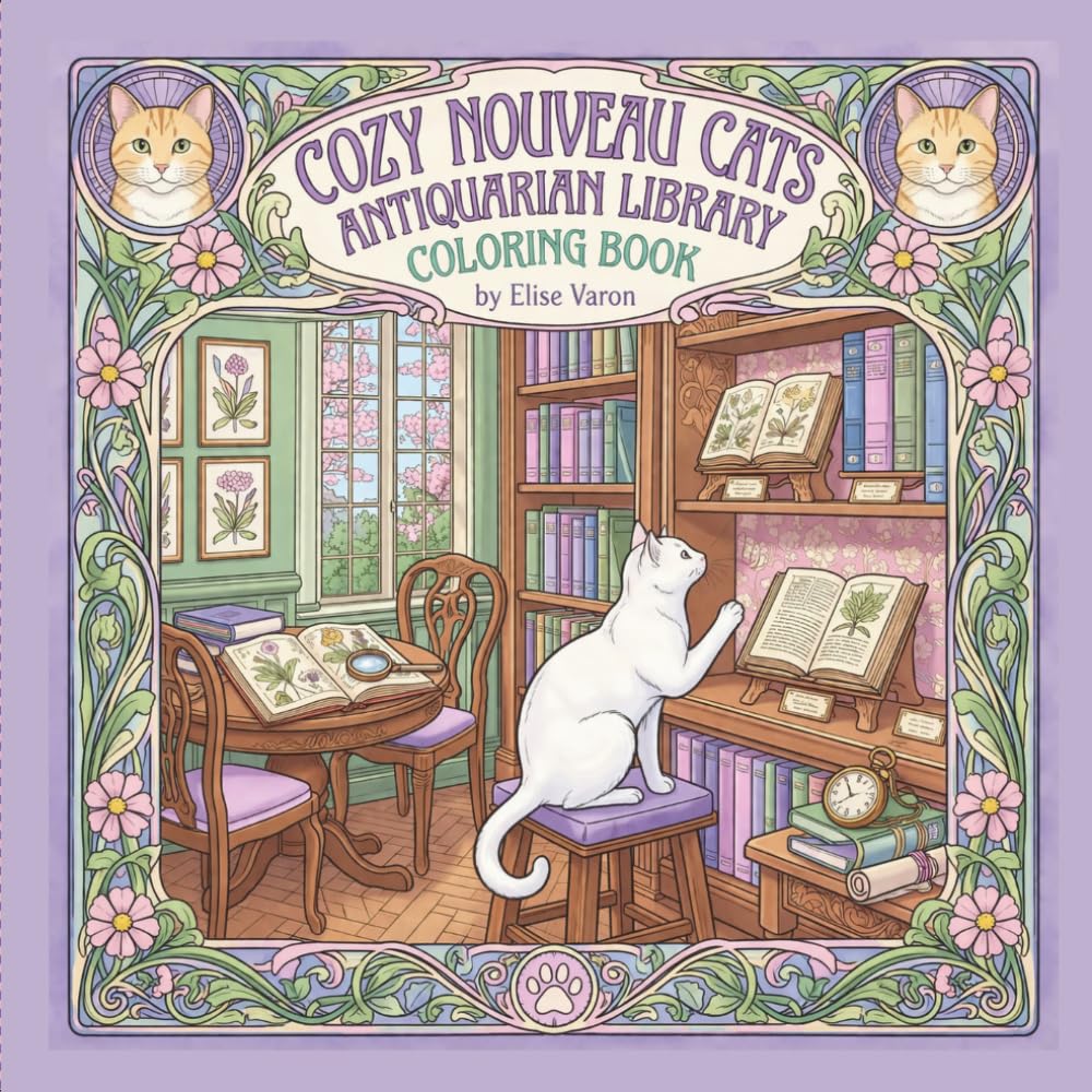 Cozy Nouveau Cats Antiquarian Library Coloring Book | Elise Varon