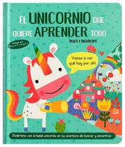 Portada del libro BUSCA Y ENCUENTRA: EL UNICORNIO QUE QUIERE APRENDER TODO - Compralo en ByAnaCeci.com