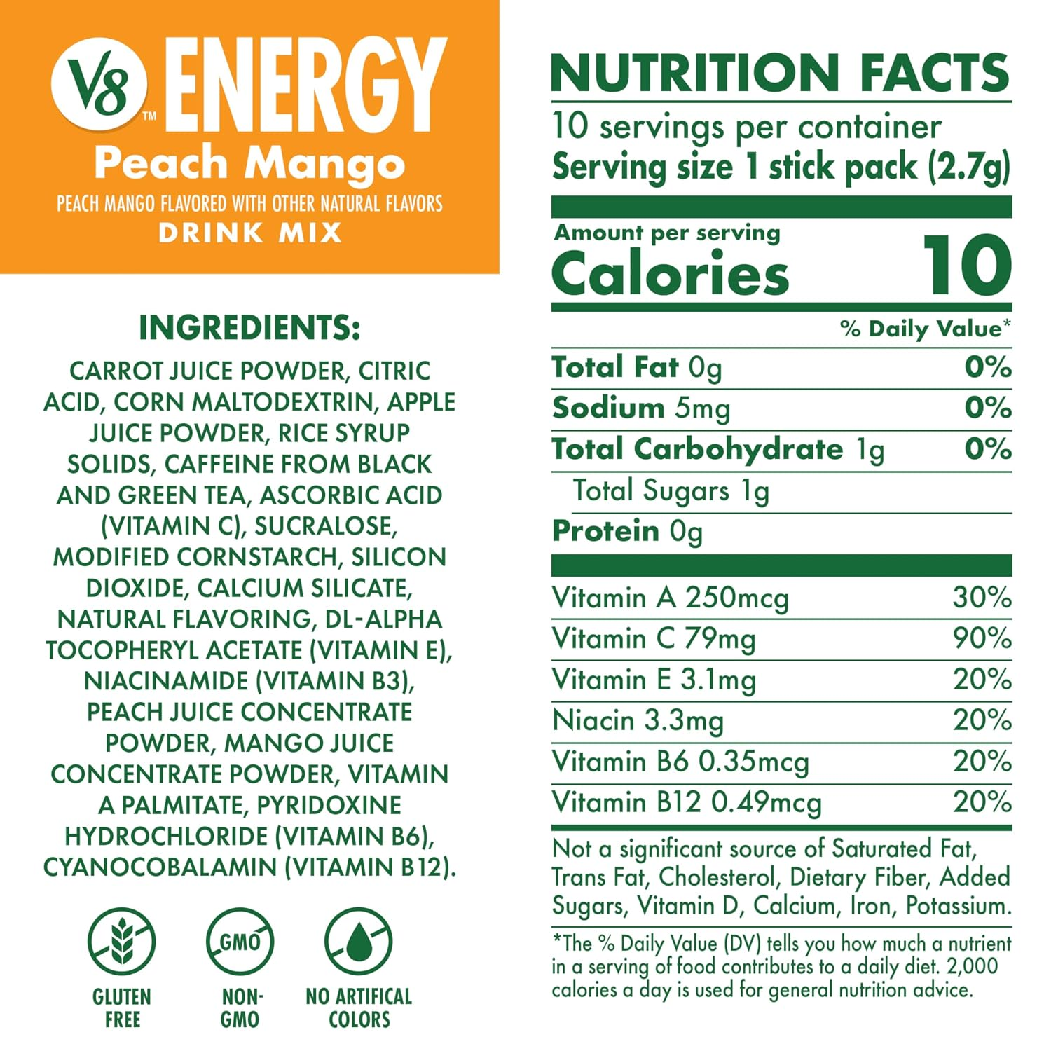 Bebida Energética en Polvo Sabor Durazno y Mango 10 Sobres | V8 Energy
