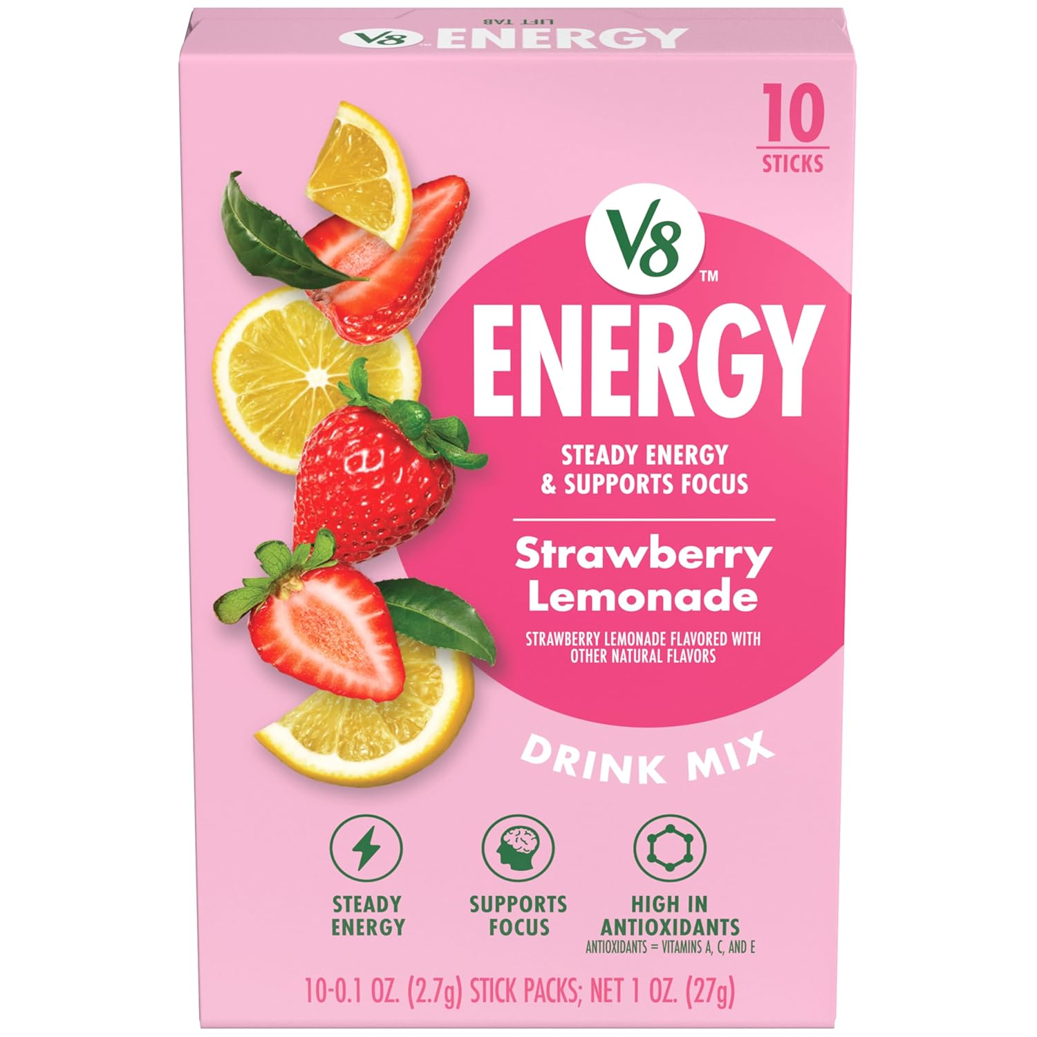 Bebida Energética en Polvo Sabor Limonada con Fresa 10 Sobres | V8 Energy