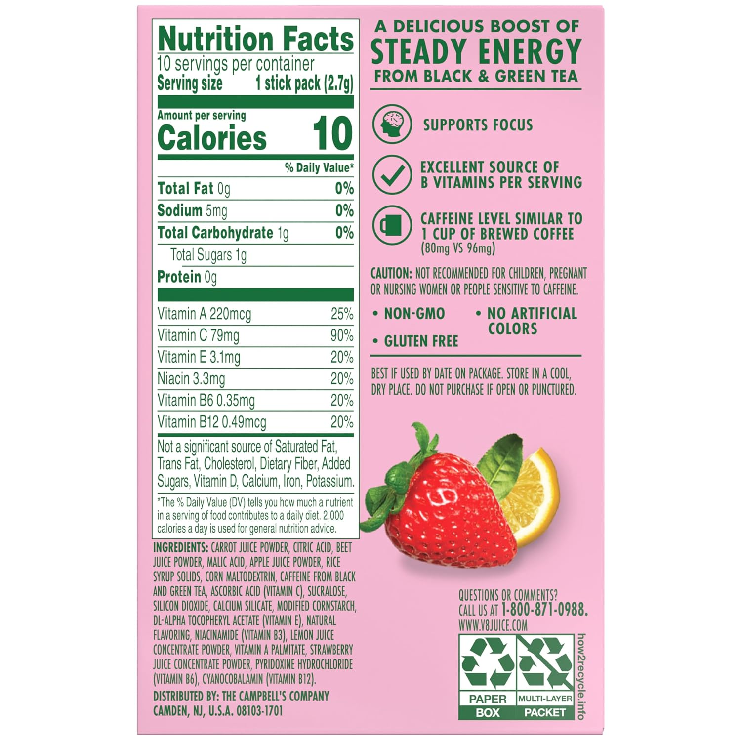 Bebida Energética en Polvo Sabor Limonada con Fresa 10 Sobres | V8 Energy
